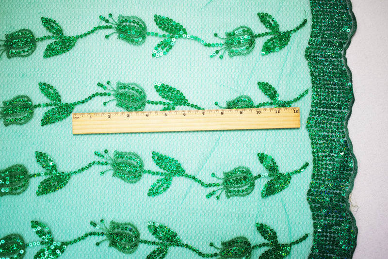 3 1/2 YD PC-Green Nylon Embroidered Floral Tullip Sequin Scallop Tulle Mesh Fabric