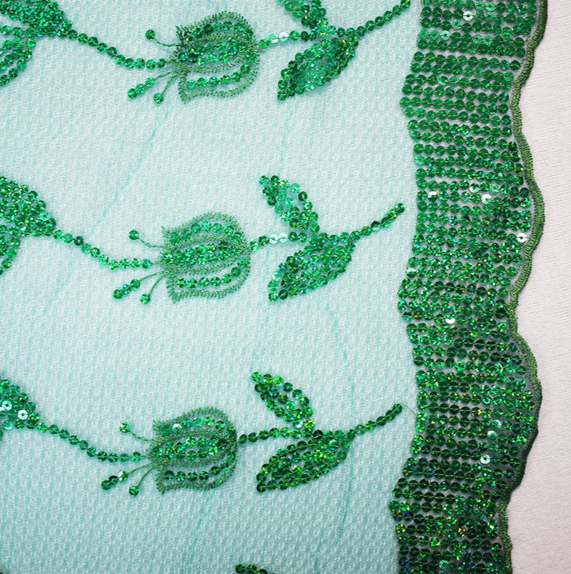 3 1/2 YD PC-Green Nylon Embroidered Floral Tullip Sequin Scallop Tulle Mesh Fabric