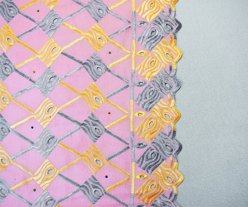 Pink-Multi Poly Embroidered Abstract Scallop Rhinestone Woven Fabric