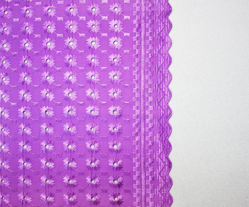 Purple Poly-Cotton Embroidered Geometric Pixel Scallop Woven Fabric