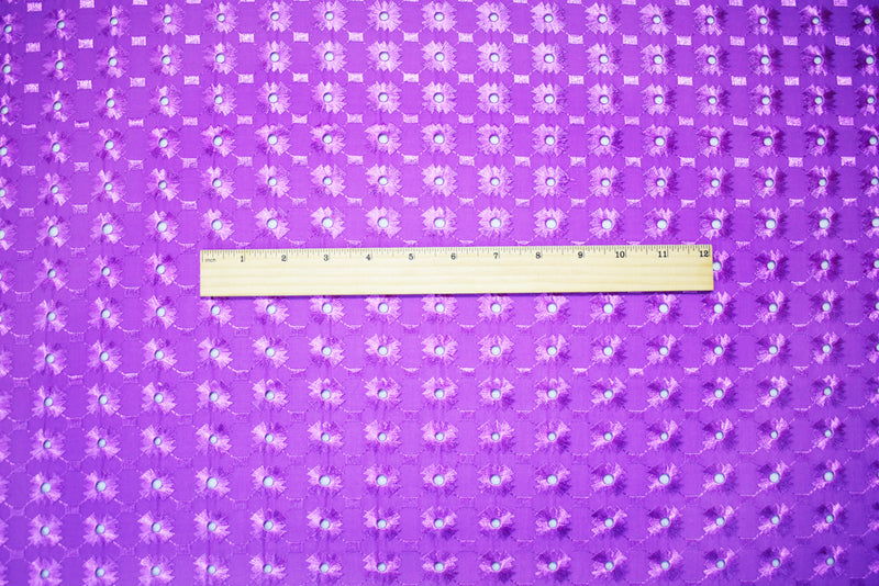Purple Poly-Cotton Embroidered Geometric Pixel Scallop Woven Fabric