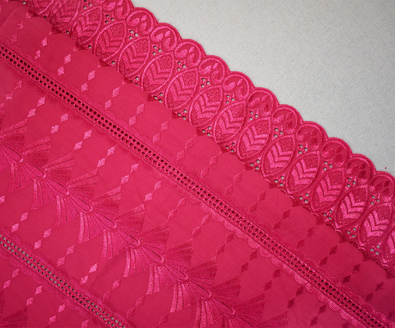 Pink Polyester Embroidered Fan Eyelet Scallop Woven Fabric