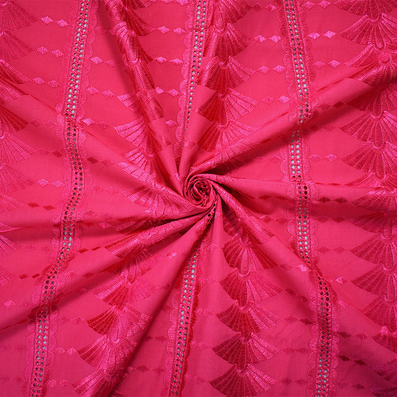 Pink Polyester Embroidered Fan Eyelet Scallop Woven Fabric