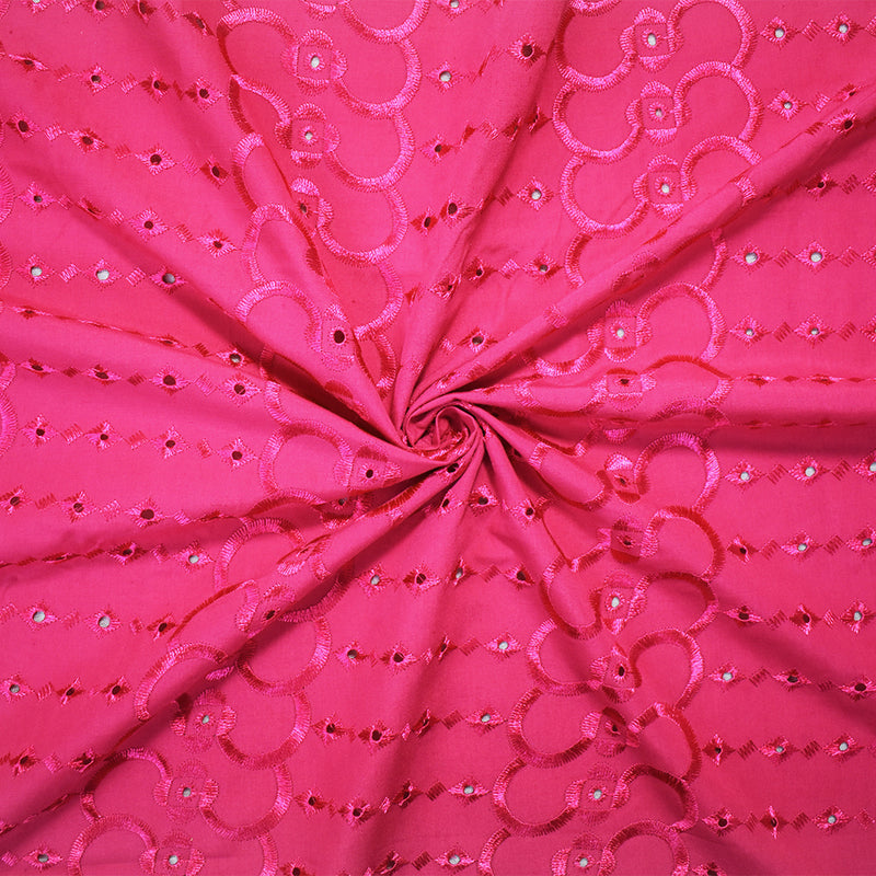 Pink Poly-Cotton Embroidered Abstract Eyelet Scallop Woven Fabric