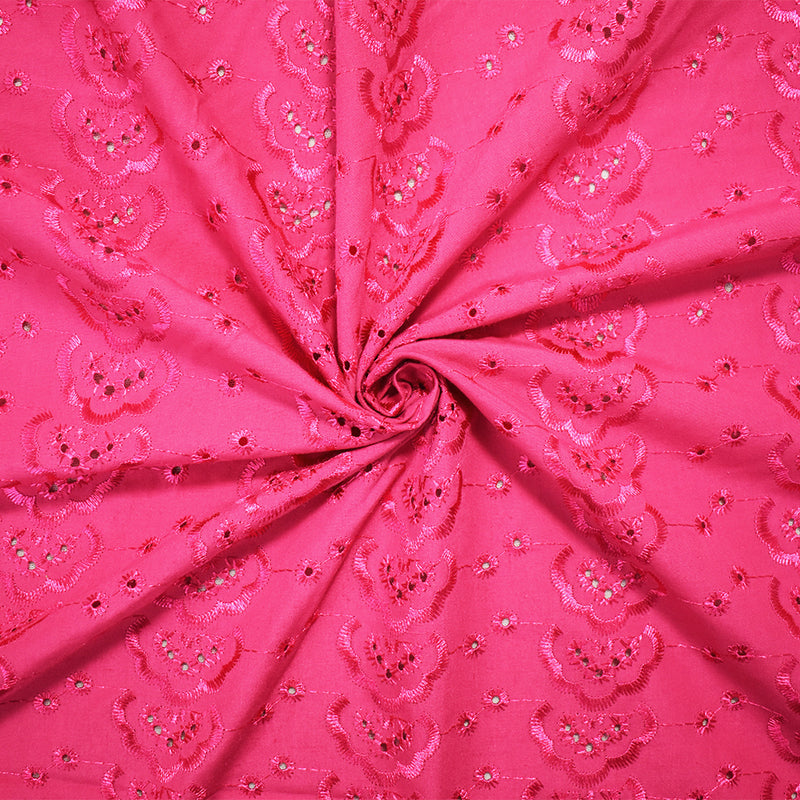 Pink Poly-Cotton Embroidered Abstract Geometric Eyelet Scallop Woven Fabric