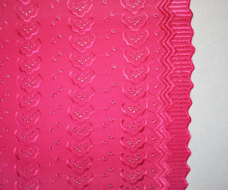 Pink Poly-Cotton Embroidered Abstract Geometric Eyelet Scallop Woven Fabric