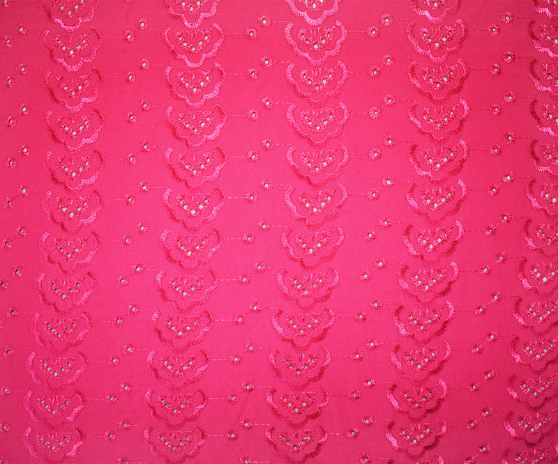 Pink Poly-Cotton Embroidered Abstract Geometric Eyelet Scallop Woven Fabric