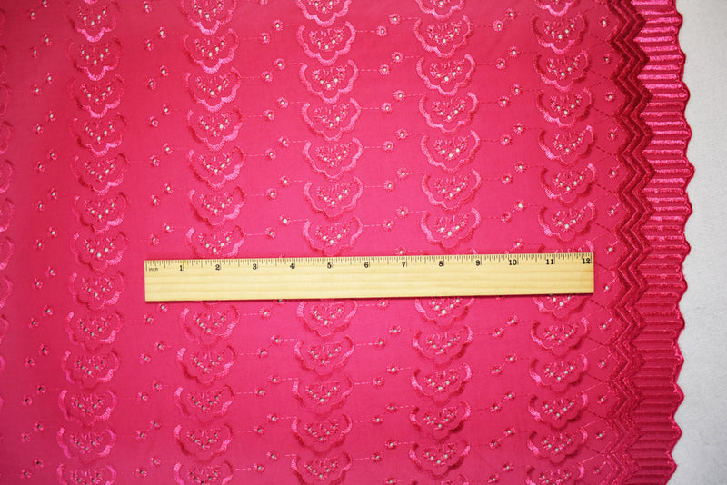 Pink Poly-Cotton Embroidered Abstract Geometric Eyelet Scallop Woven Fabric