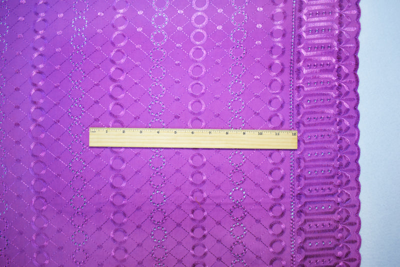 3 YD PC-Purple Poly-Cotton Embroidered Circle Diamond Scallop Eyelet Woven Fabric