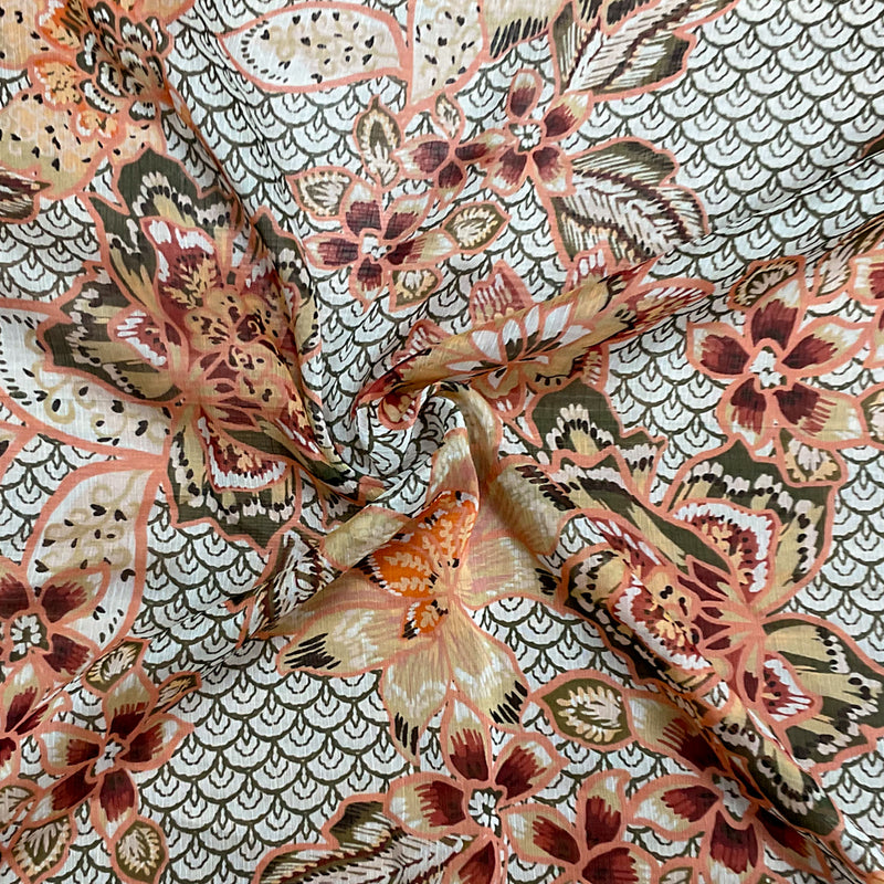 Orange-Green-Multi Poly Floral Printed Crinkle Yoryu Chiffon Woven Fabric