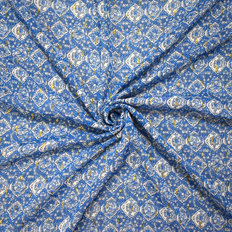 Blue-Multi Diamond Floral Printed Metallic Crinkle Yoryu Chiffon Woven Fabric