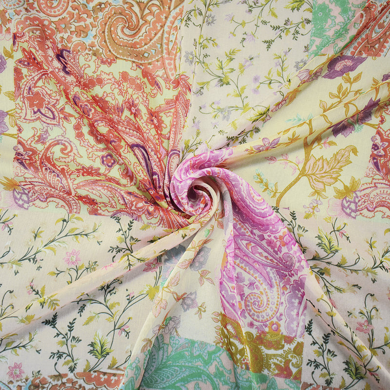 Pink-BeigeMulti Poly Ink Paisley Floral Printed Crinkle Yoryu Chiffon Woven Fabric