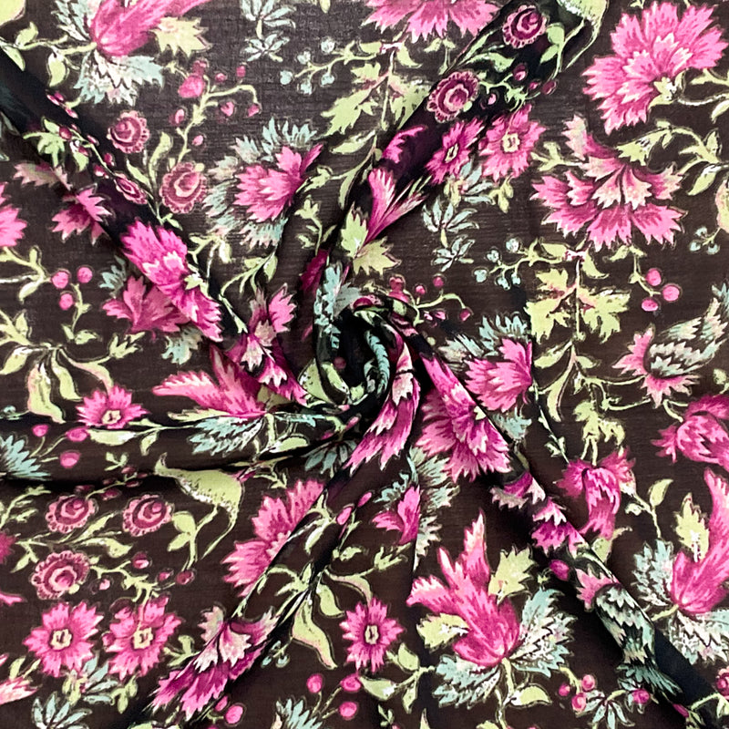 Black-Pink-Multi Poly Floral Printed Chiffon Woven Fabric