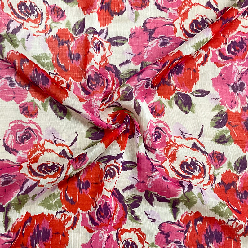 Red-Ivory-Multi Poly Floral Printed Crinkle Yoryu Chiffon Woven Fabric