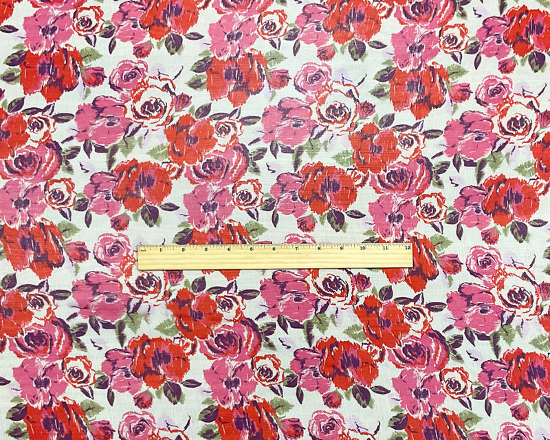 Red-Ivory-Multi Poly Floral Printed Crinkle Yoryu Chiffon Woven Fabric