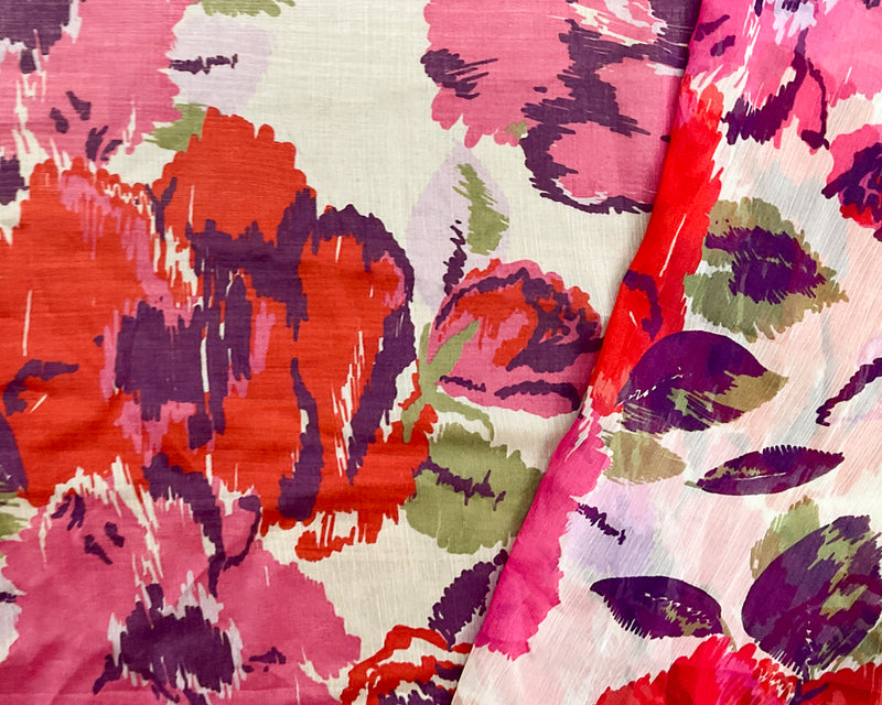 Red-Ivory-Multi Poly Floral Printed Crinkle Yoryu Chiffon Woven Fabric