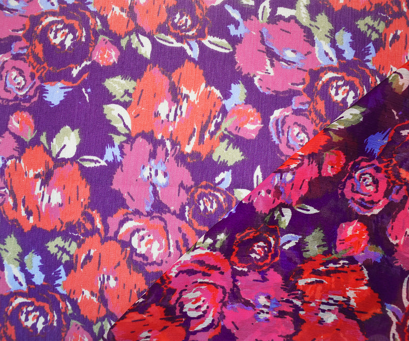 Purple-Red-Multi Poly Ink Floral Printed Crinkle Yoryu Chiffon Woven Fabric