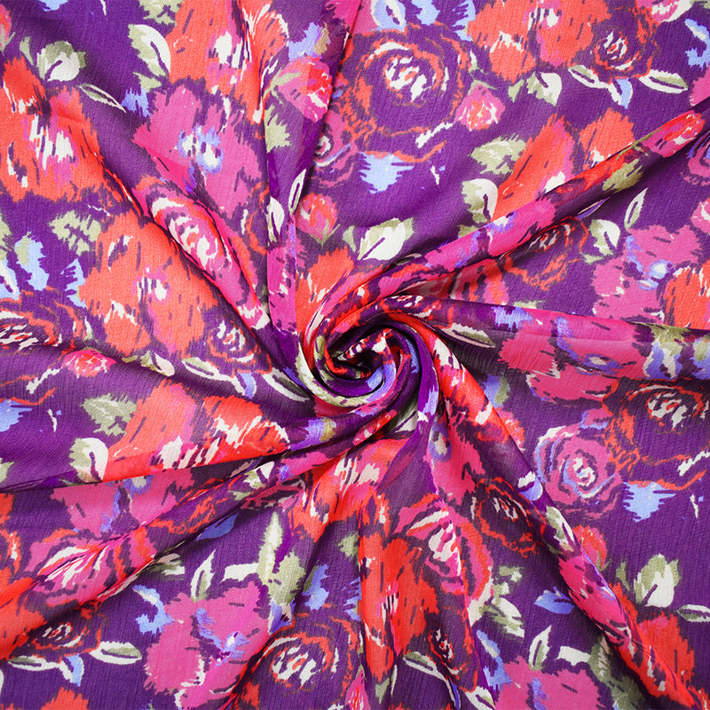 Purple-Red-Multi Poly Ink Floral Printed Crinkle Yoryu Chiffon Woven Fabric