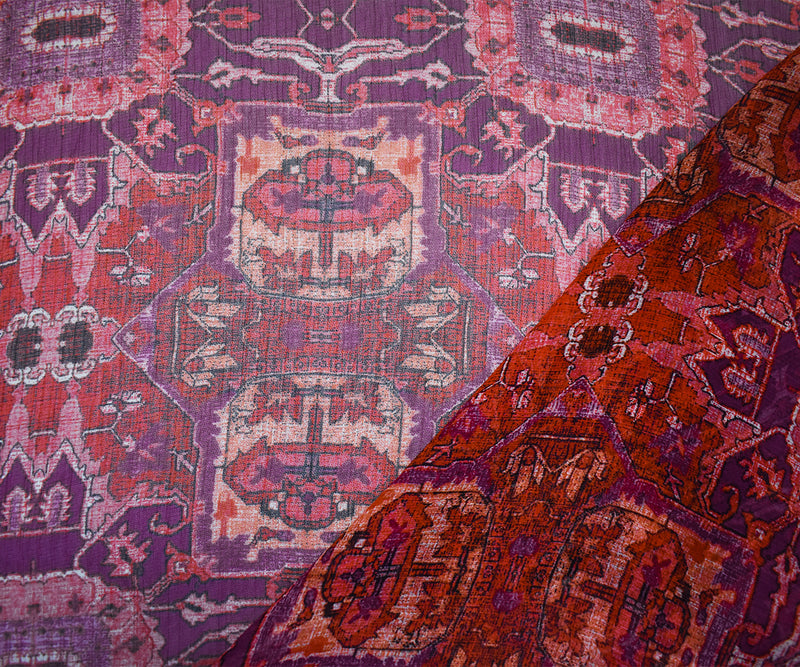 Purple-Red-Multi Poly Aztec Printed Crinkle Yoryu Chiffon Woven Fabric