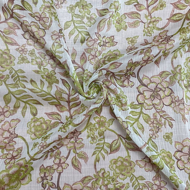 Green-White-Multi Poly Floral Printed Crinkle Yoryu Chiffon Woven Fabric