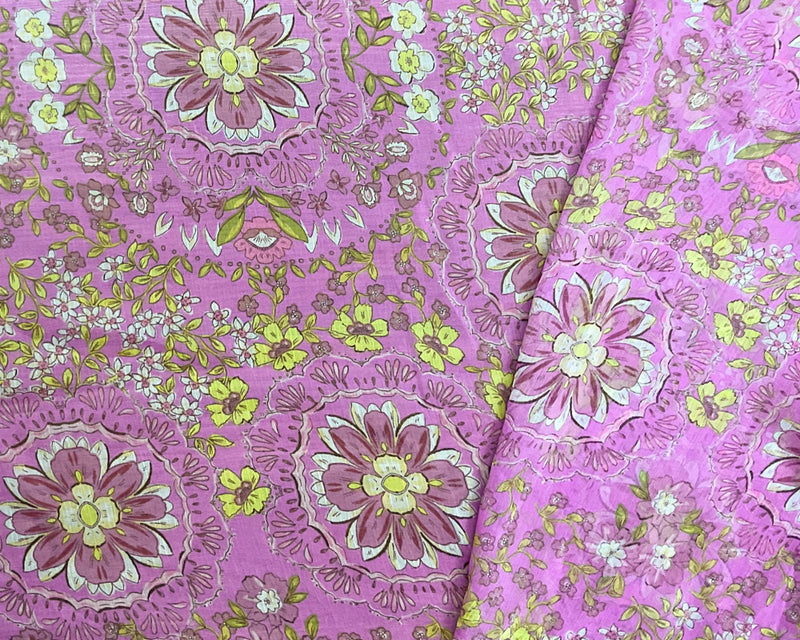 Purple-Yellow-Multi Poly Floral Printed Crinkle Yoryu Chiffon Woven Fabric
