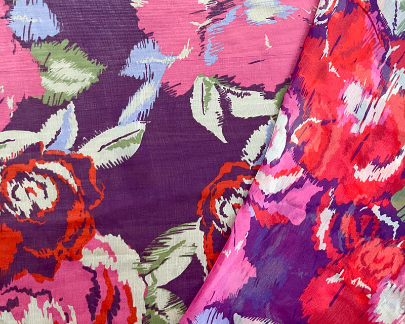 Purple-Pink-Multi Poly Floral Printed Crinkle Yoryu Chiffon Woven Fabric
