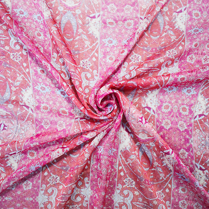 Pink-Blue-Multi Poly Stripe Floral Printed Crinkle Yoryu Chiffon Woven Fabric