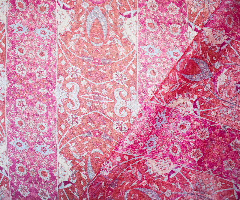 Pink-Blue-Multi Poly Stripe Floral Printed Crinkle Yoryu Chiffon Woven Fabric