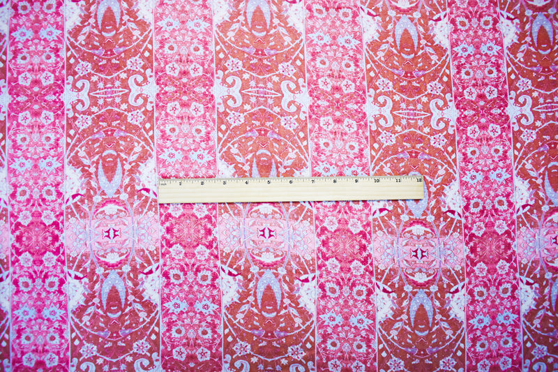 Pink-Blue-Multi Poly Stripe Floral Printed Crinkle Yoryu Chiffon Woven Fabric