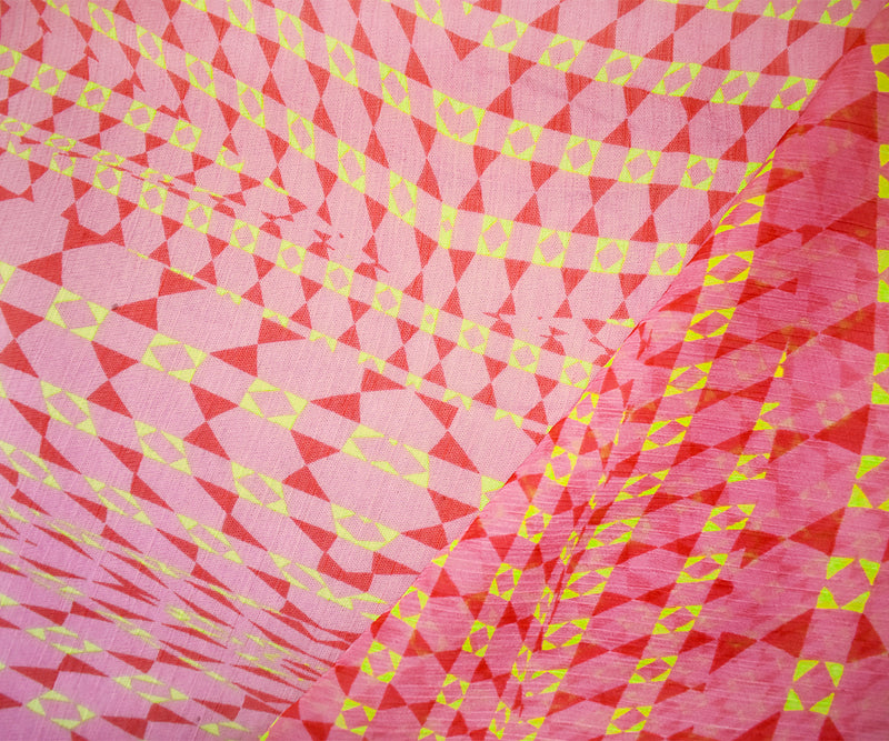 Pink-Green Poly Abstract Printed Crinkle Yoryu Chiffon Woven Fabric
