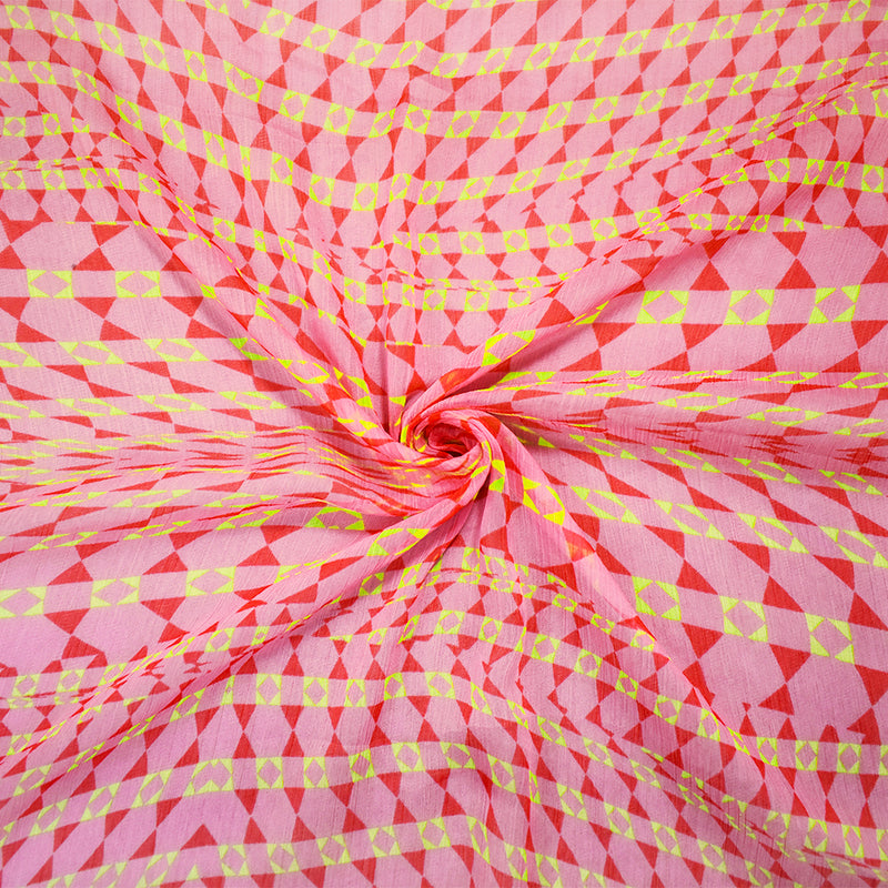 Pink-Green Poly Abstract Printed Crinkle Yoryu Chiffon Woven Fabric