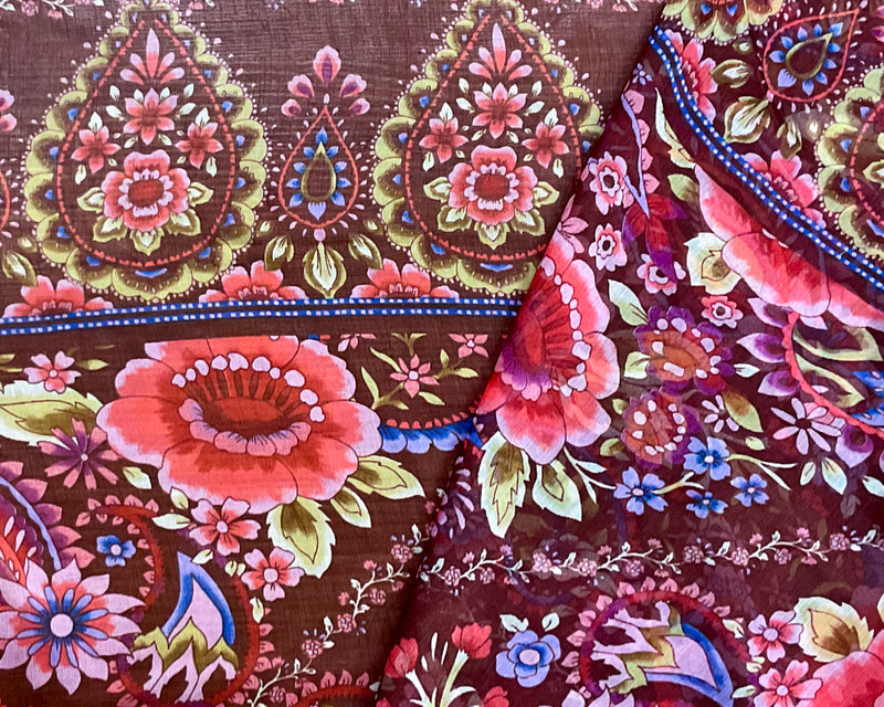 Brown-Red-Multi Poly Floral Printed Crinkle Yoryu Chiffon Woven Fabric