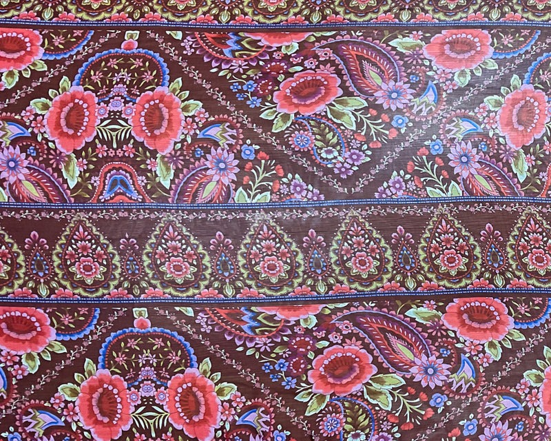 Brown-Red-Multi Poly Floral Printed Crinkle Yoryu Chiffon Woven Fabric