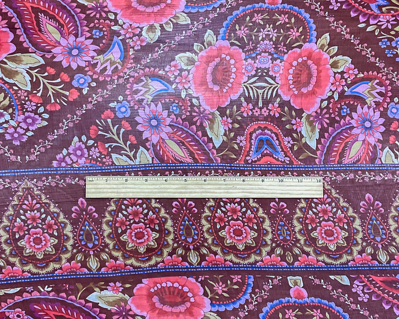 Brown-Red-Multi Poly Floral Printed Crinkle Yoryu Chiffon Woven Fabric