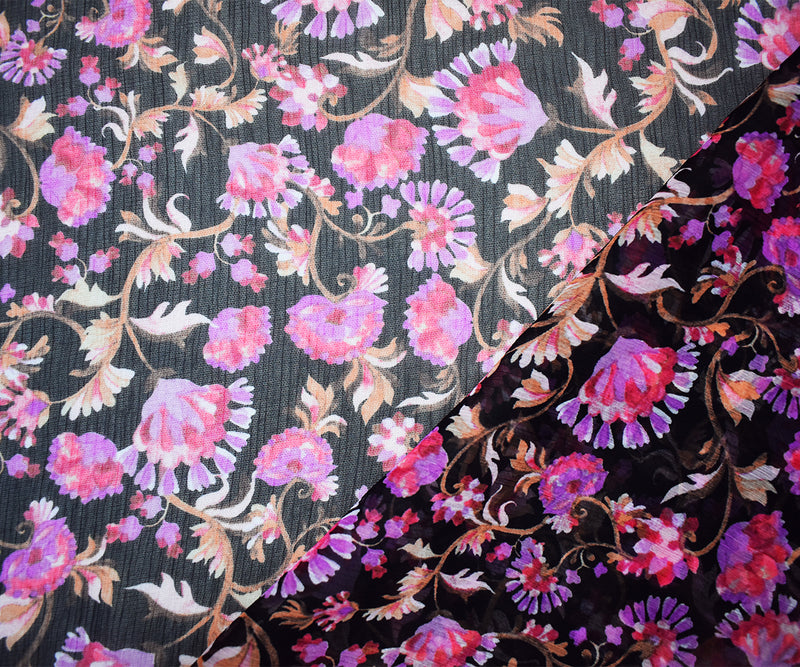 Black-Pink-Multi Poly Floral Printed Crinkle Yoryu Chiffon Woven Fabric