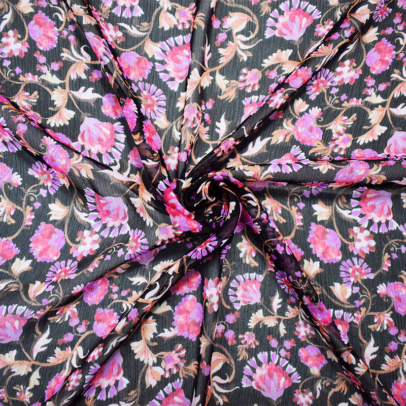 Black-Pink-Multi Poly Floral Printed Crinkle Yoryu Chiffon Woven Fabric