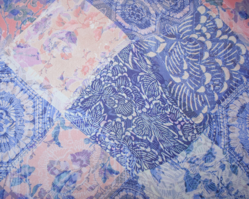 Pink-Blue-Multi Poly Ink Floral Printed Crinkle Yoryu Chiffon Woven Fabric