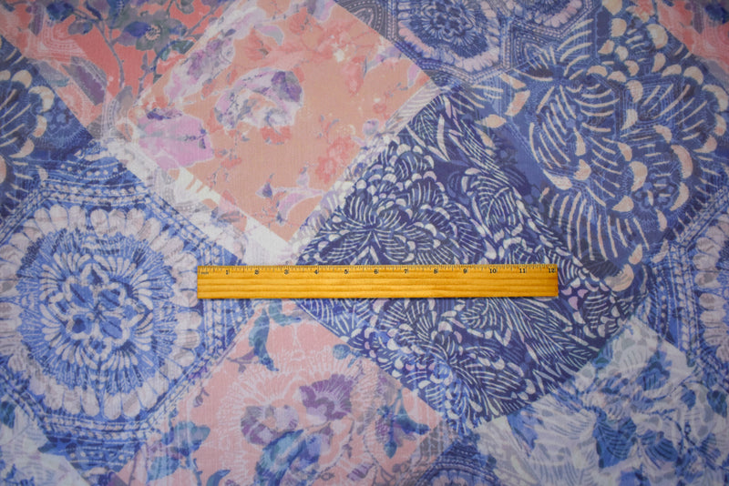 Pink-Blue-Multi Poly Ink Floral Printed Crinkle Yoryu Chiffon Woven Fabric