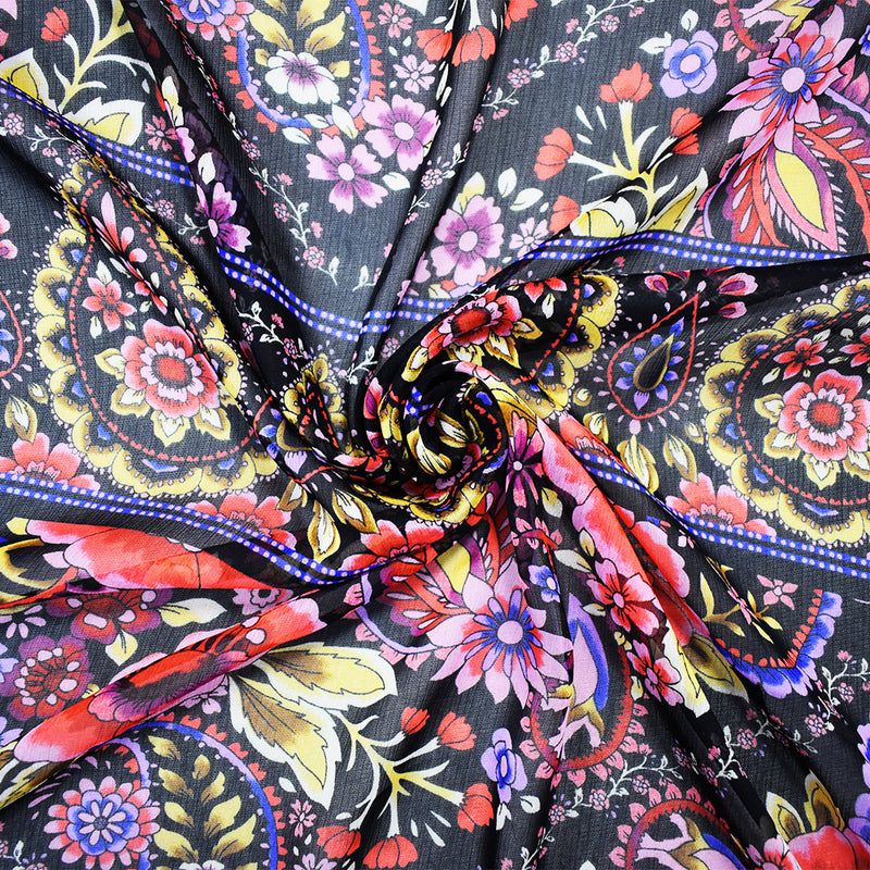 Black-Pink-Multi Poly Floral Printed Crinkle Yoryu Chiffon Woven Fabric