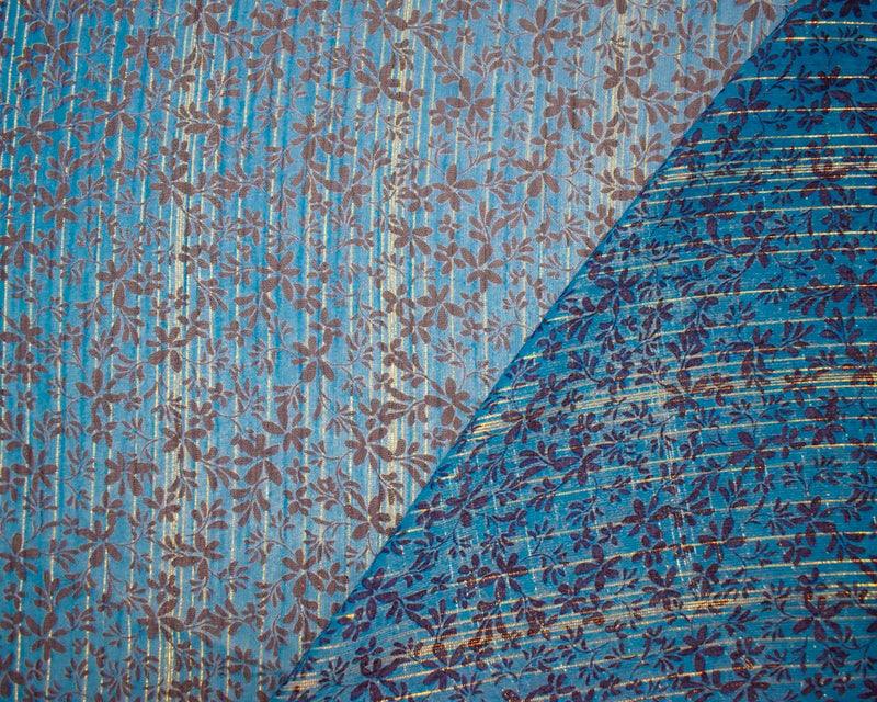 Blue-Gold-Multi Floral Printed Metallic Crinkle Yoryu Chiffon Woven Fabric