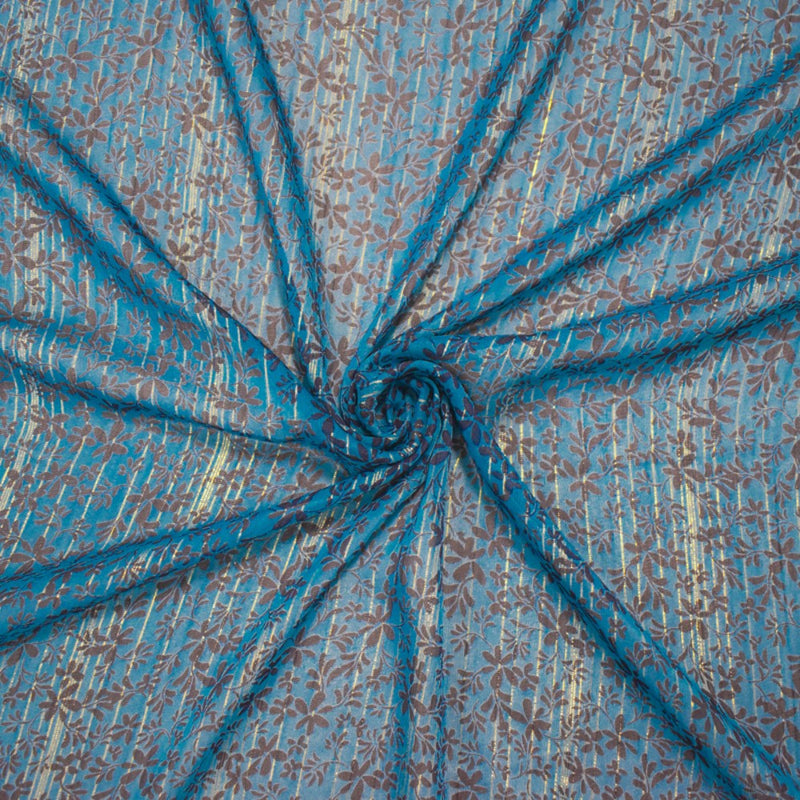 Blue-Gold-Multi Floral Printed Metallic Crinkle Yoryu Chiffon Woven Fabric