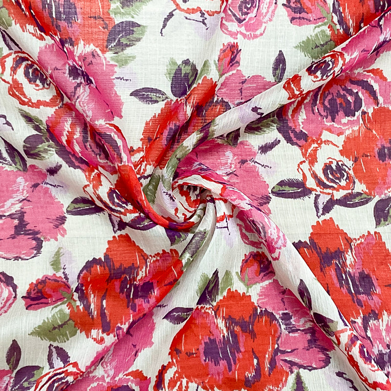 Red-Ivory-Multi Poly Floral Printed Crinkle Yoryu Chiffon Woven Fabric