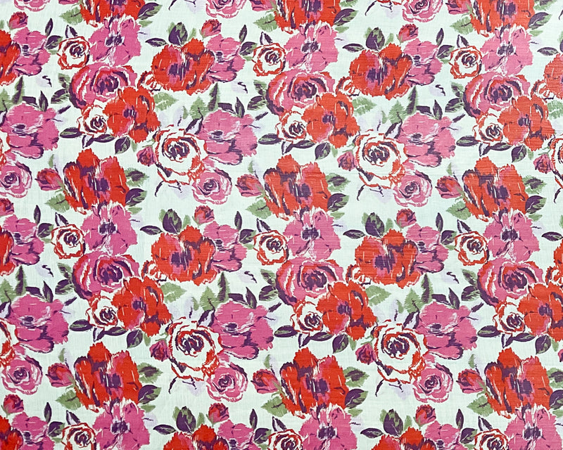 Red-Ivory-Multi Poly Floral Printed Crinkle Yoryu Chiffon Woven Fabric