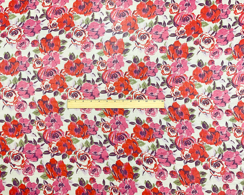 Red-Ivory-Multi Poly Floral Printed Crinkle Yoryu Chiffon Woven Fabric
