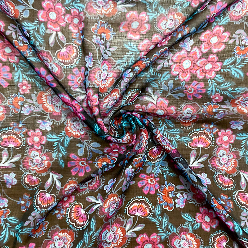 Black-Purple-Multi Poly Floral Printed Crinkle Yoryu Chiffon Woven Fabric