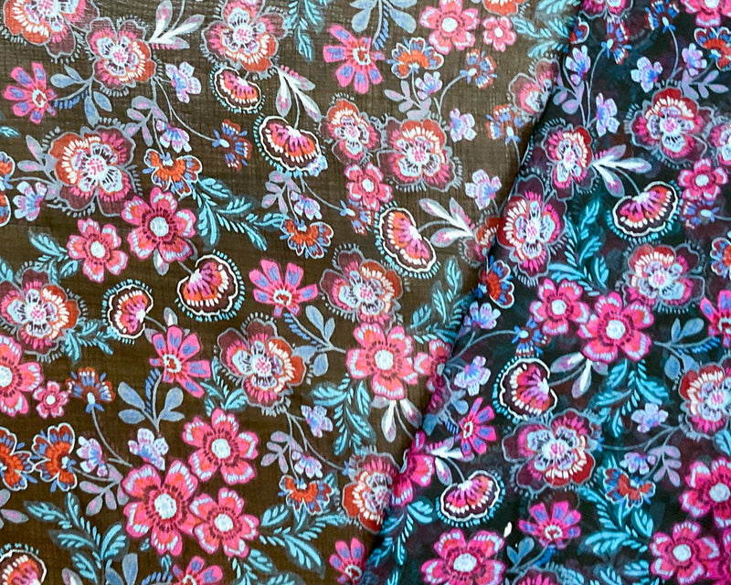 Black-Purple-Multi Poly Floral Printed Crinkle Yoryu Chiffon Woven Fabric