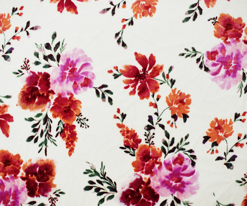 White-Red-Multi Poly Stretch Floral Printed Velvet Knit Fabric