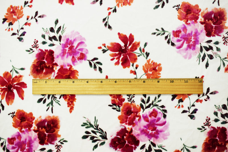 White-Red-Multi Poly Stretch Floral Printed Velvet Knit Fabric