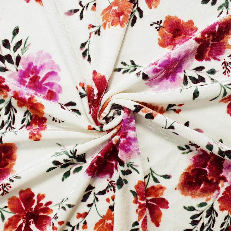 White-Red-Multi Poly Stretch Floral Printed Velvet Knit Fabric