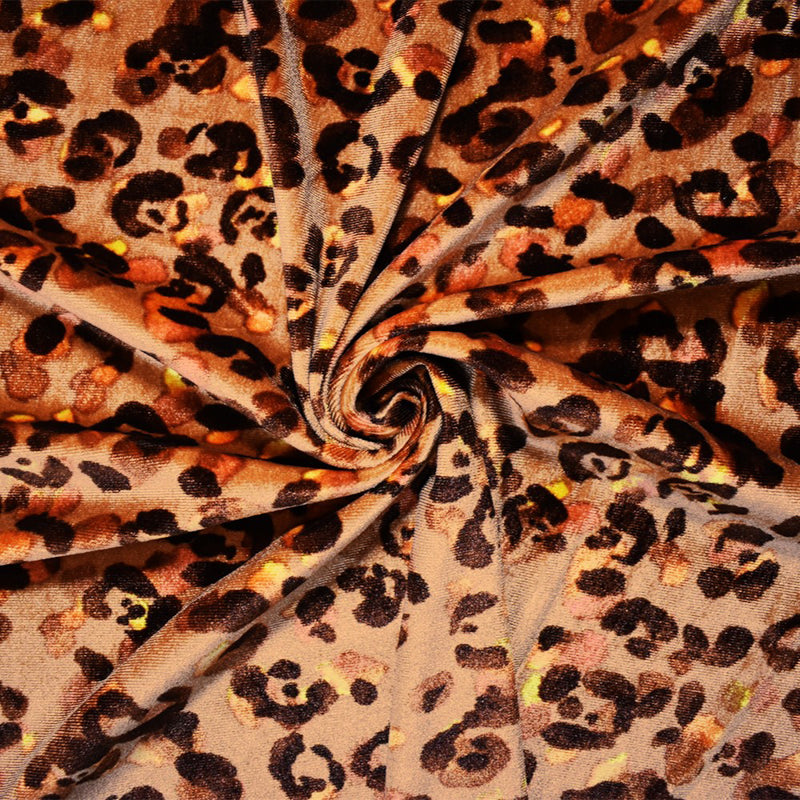 Brown-Orange-Multi Poly Leopard Printed Velvet Knit Fabric